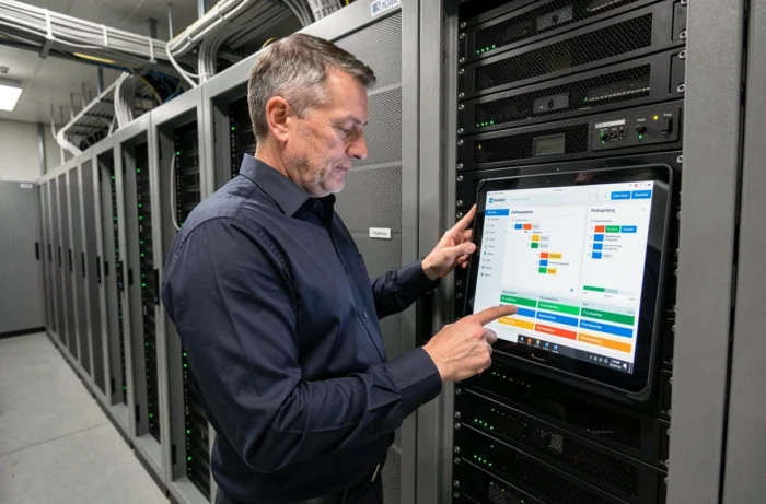 Technicien IT gérant la déduplication de données sur tablette dans une salle de serveurs professionnelle