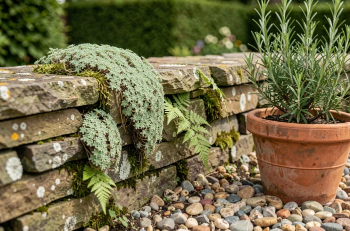Détail d'un mur en pierres sèches avec sedums et mousses dans un jardin naturel et élégant, accompagné d'un pot en terre cuite
