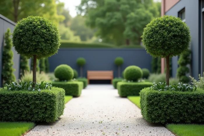 Deux lauriers taillés en nuage encadrant une allée de gravier dans un jardin contemporain élégant