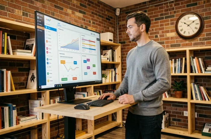 Développeur web analysant des données analytiques et des maquettes de sites web dans un espace de coworking créatif