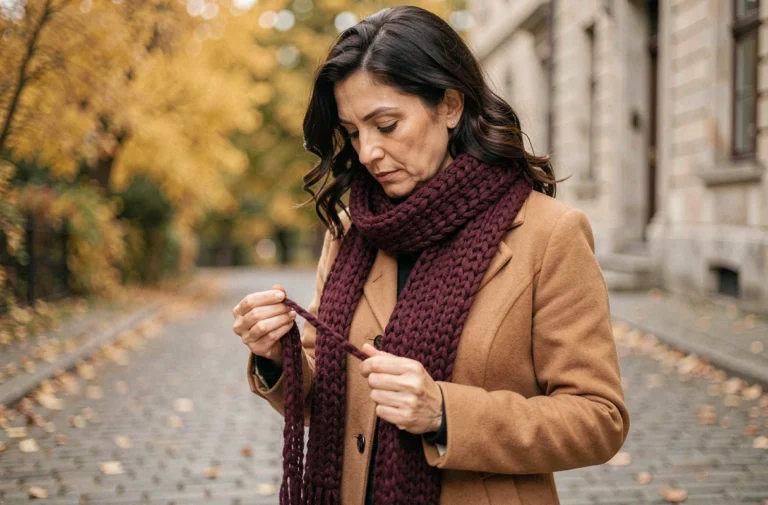Femme portant une écharpe tricotée à la main en laine bordeaux sur un manteau camel en automne, illustrant les dimensions idéales d'une écharpe femme