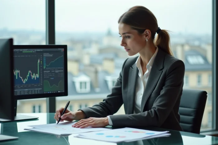 Directrice financière dans un bureau moderne à Paris analysant des rapports financiers, illustrant les cadres dirigeants parmi les métiers les mieux payés en France