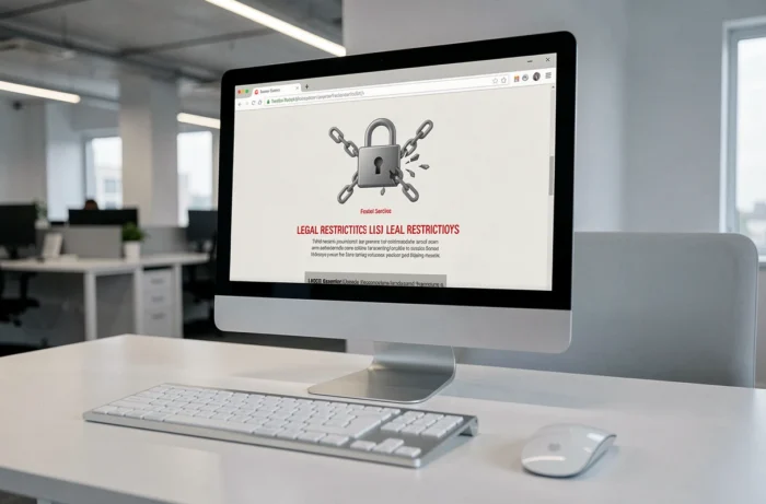 Écran d'ordinateur affichant un message d'erreur de blocage d'accès à un site web dans un bureau moderne