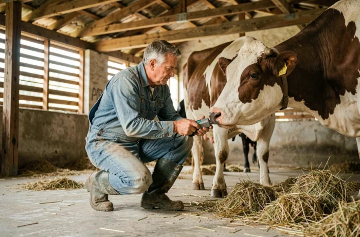 Éleveur utilisant un appareil de diagnostic vétérinaire innovant auprès d'une vache laitière dans une ferme rurale, symbolisant le bien-être animal grâce à GMVET1