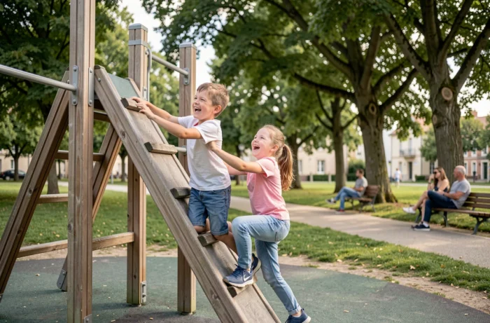 Enfants jouant en toute sécurité dans un parc municipal aménagé d'un quartier de Brive-la-Gaillarde