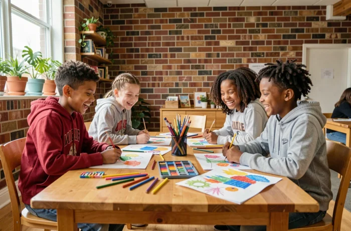 Groupe d'enfants de cultures différentes peignant ensemble dans un centre communautaire, illustrant la solidarité et le partage