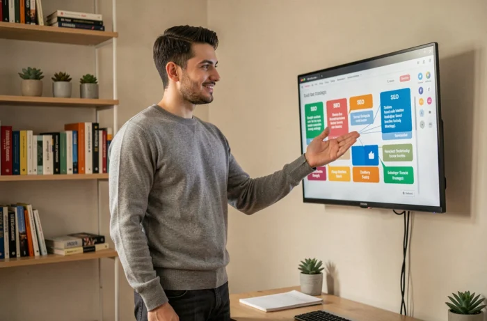 Entrepreneur en télétravail présentant une stratégie marketing numérique sur écran mural dans un bureau à domicile minimaliste