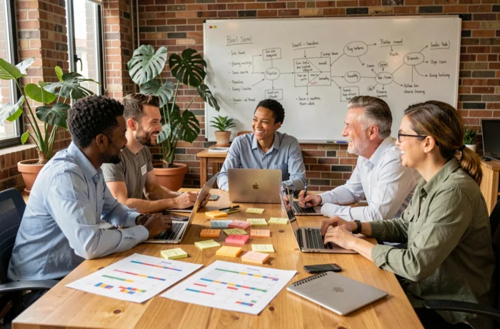 Équipe marketing diversifiée en réunion de brainstorming autour d'une stratégie de visibilité numérique en agence créative