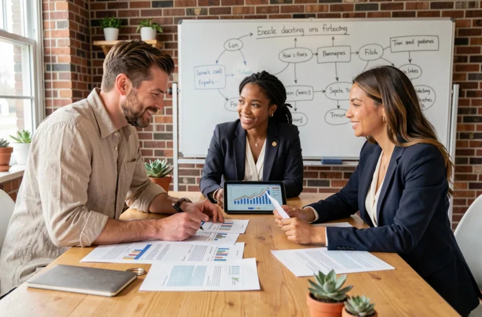 Équipe de professionnels collaborant autour de tendances stratégiques dans un espace de coworking moderne