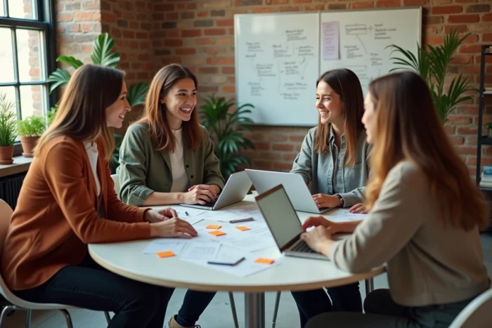 Équipe marketing collaborant sur une stratégie de présence en ligne autour d'une table avec documents et ordinateurs portables