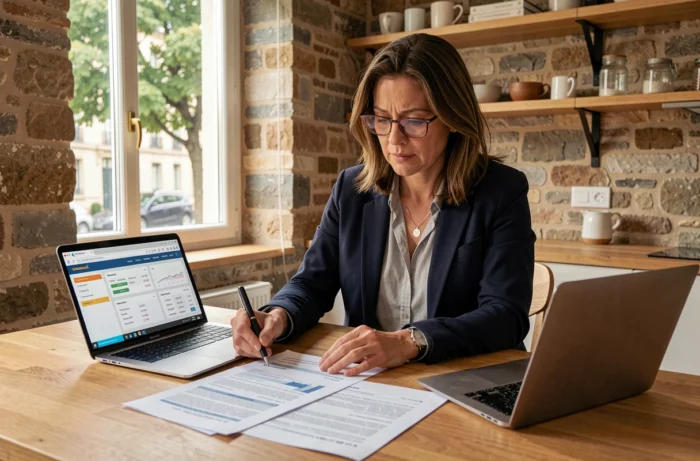 Femme agent immobilier estimant le prix d'une maison avec des documents et un ordinateur portable sur une table en bois