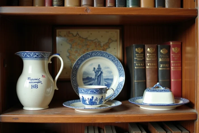 Étagère d'antiquaire présentant plusieurs pièces de faïence Henriot Quimper de différentes époques pour comparaison et datation