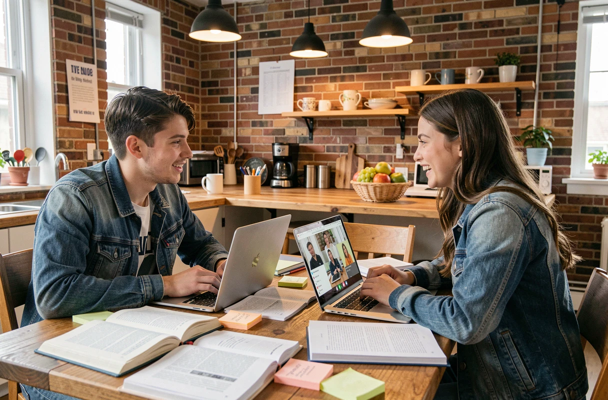 Deux étudiants travaillant ensemble à distance depuis leur appartement partagé avec des ordinateurs portables et des livres
