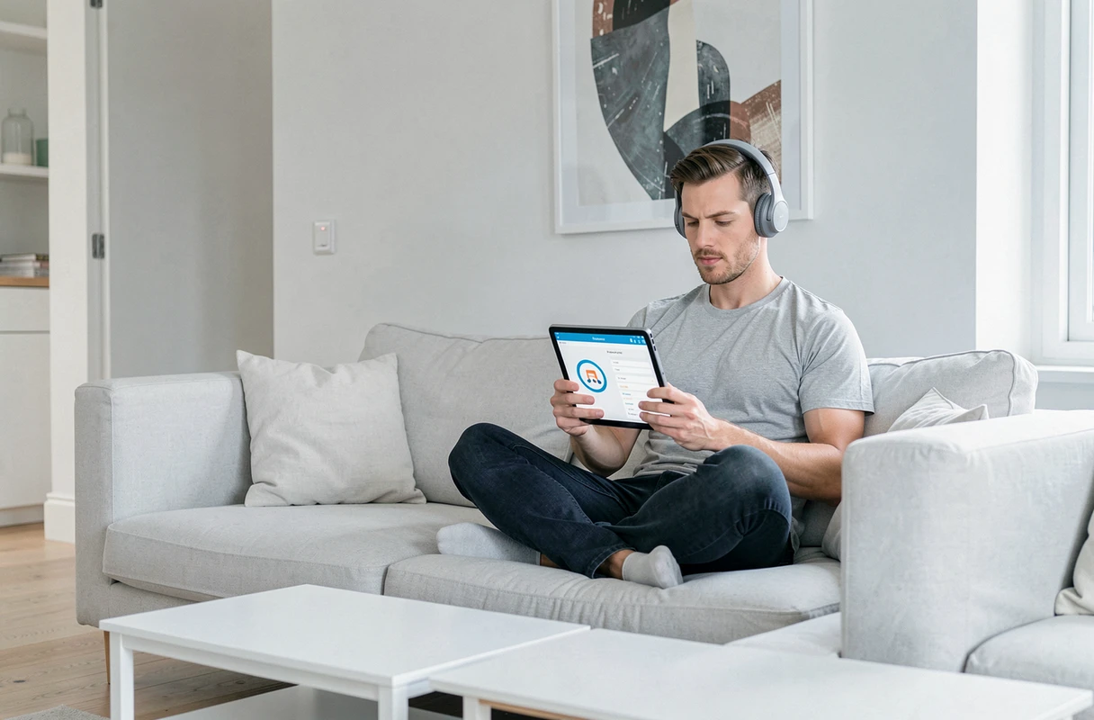 Homme étudiant depuis son canapé avec une tablette et un casque sans fil dans un salon moderne