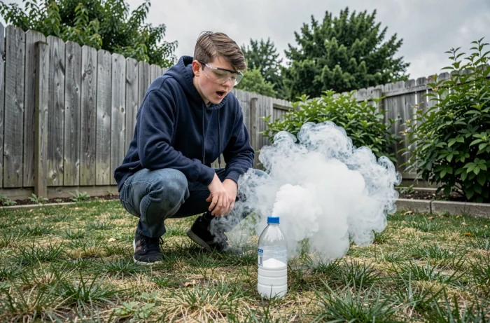 Adolescent observant une réaction de bicarbonate de soude produisant de la fumée blanche dans un jardin