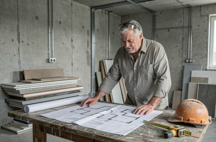 Expert en construction local analysant des plans de sol dans un chantier immobilier en cours d'aménagement intérieur