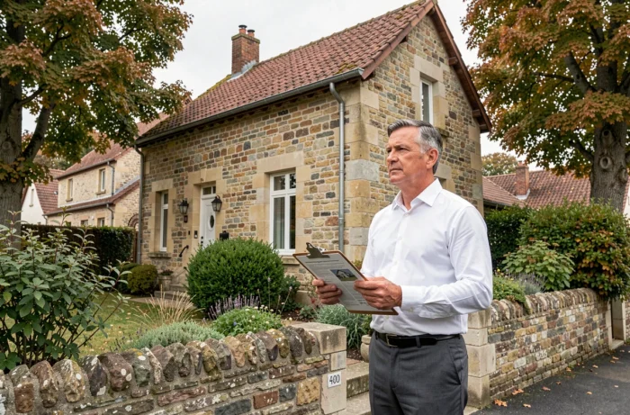 Expert immobilier évaluant le prix d'une maison en pierre devant la façade avec un formulaire d'estimation