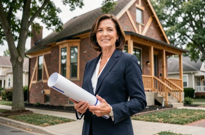 Experte immobilière locale tenant des plans architecturaux devant une maison en rénovation dans un quartier résidentiel
