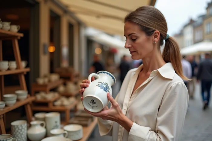 Femme expertisant le marquage sous une faïence Henriot Quimper ancienne sur un marché aux antiquités breton