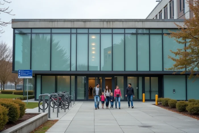 Façade extérieure de la piscine municipale de Wasquehal avec des visiteurs se dirigeant vers l'entrée
