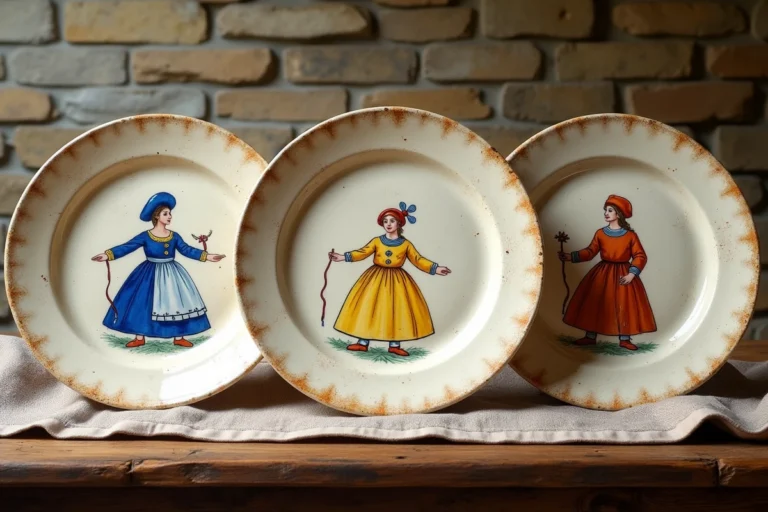 Collection de trois faïences Henriot Quimper anciennes disposées sur une table en chêne, avec décors bretons peints à la main en bleu cobalt et ocre