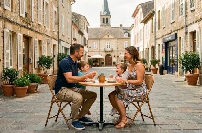 Famille se retrouvant sur une place piétonne conviviale et sécurisée du centre de Brive-la-Gaillarde