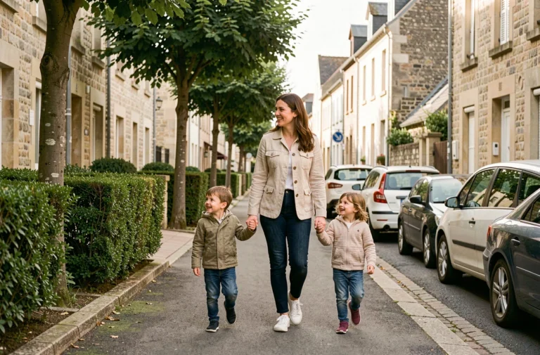 Mère et enfants se promenant dans un quartier résidentiel calme et sécurisé de Brive-la-Gaillarde