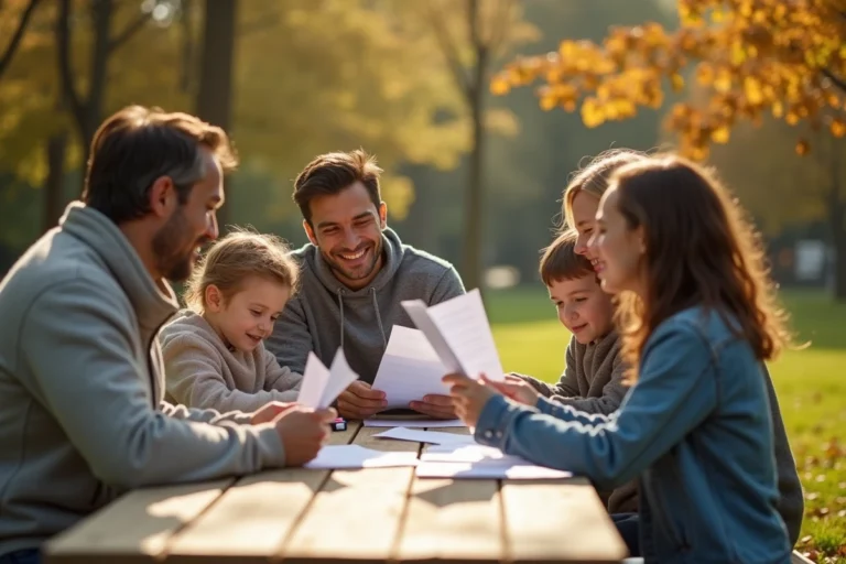 Deux familles qui se rencontrent dans un parc pour discuter d'un projet de garde partagée en cofamille