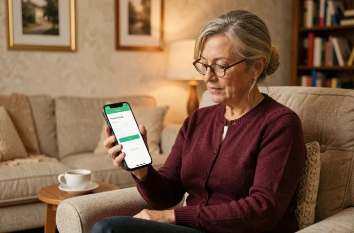 Femme senior accédant à son espace client Mycytia sur smartphone dans un salon confortable