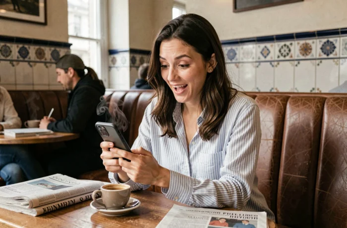 Femme étonnée lisant des actualités insolites sur son smartphone dans un café parisien