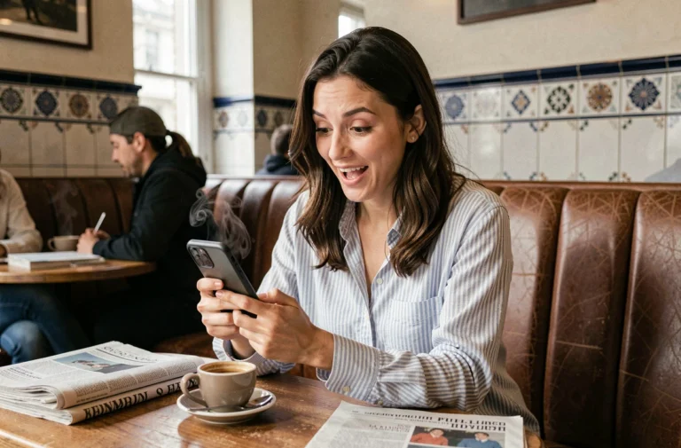 Femme étonnée lisant des actualités insolites sur son smartphone dans un café parisien