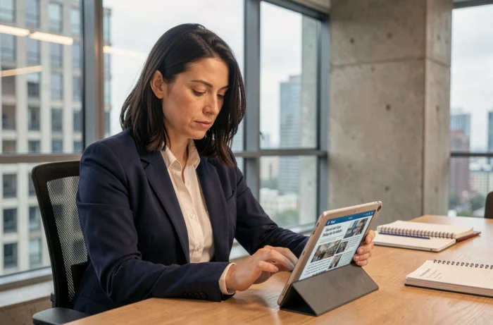 Femme professionnelle consultant les actualités du jour sur une tablette dans un bureau moderne