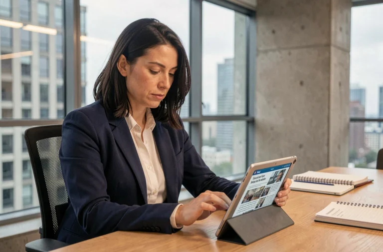 Femme professionnelle consultant les actualités du jour sur une tablette dans un bureau moderne