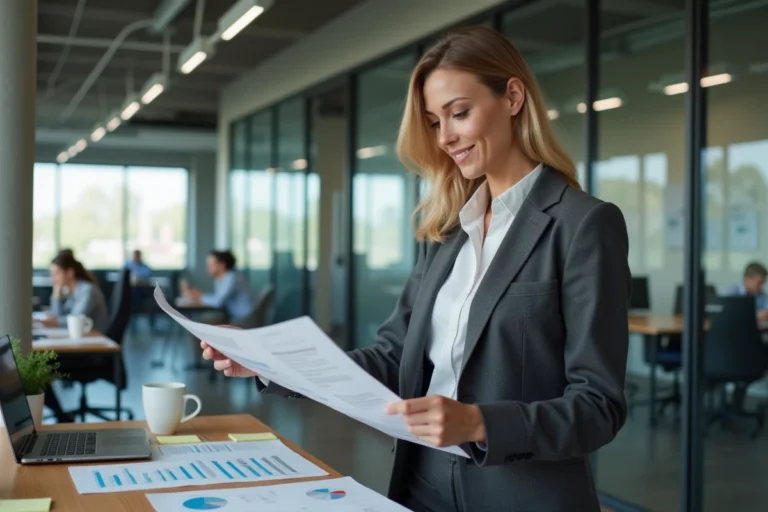 Femme d'affaires analysant des rapports financiers dans un bureau moderne aux cloisons en verre