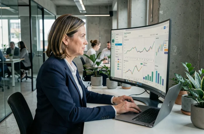 Femme cadre analysant des tendances business sur un écran moderne dans un bureau contemporain en 2024
