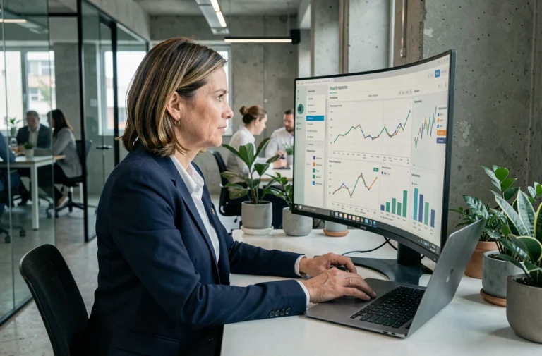 Femme cadre analysant des tendances business sur un écran moderne dans un bureau contemporain en 2024