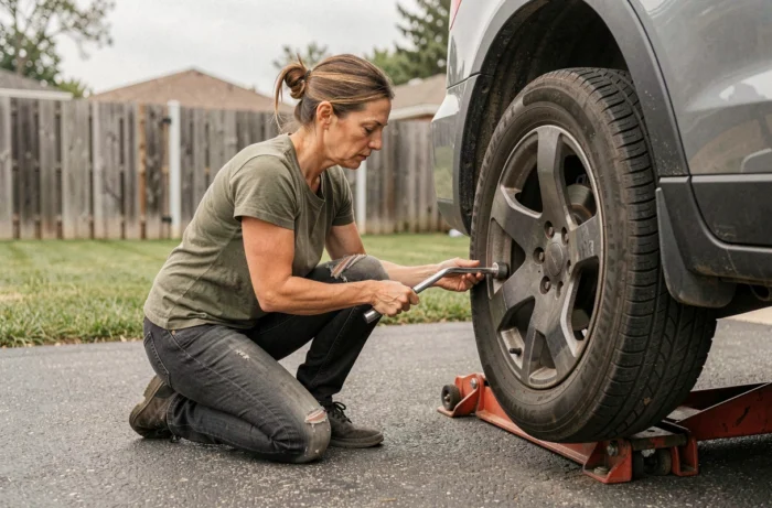 Femme changeant une roue de voiture dans une allée de maison individuelle