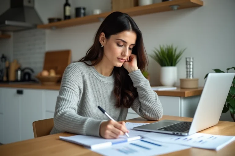 Femme comparant des offres de crédit sur ordinateur portable avec des documents financiers sur une table en bois
