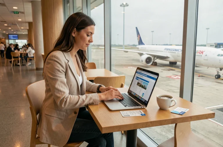Femme consultant un comparateur de vols flexibles sur son ordinateur portable dans un salon d'aéroport international pour économiser sur les longs courriers