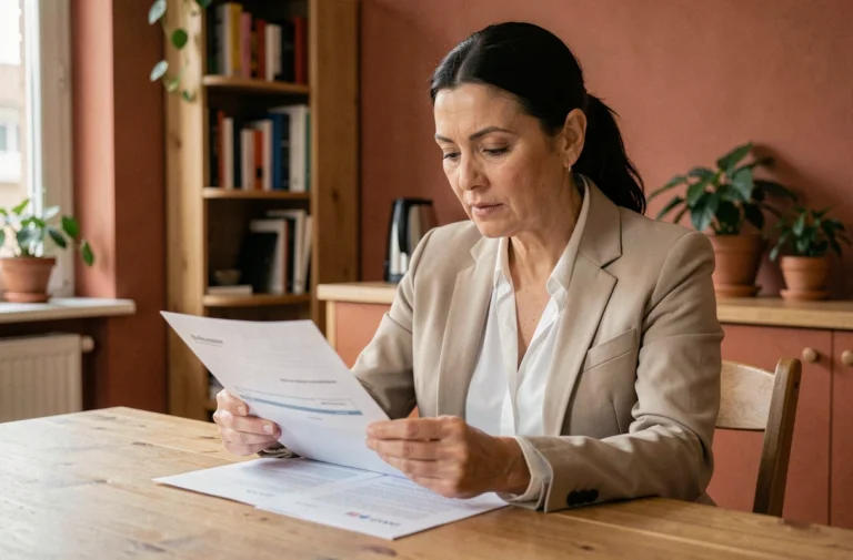 Femme consultant des documents d'assurance habitation à une table en bois dans un appartement moderne