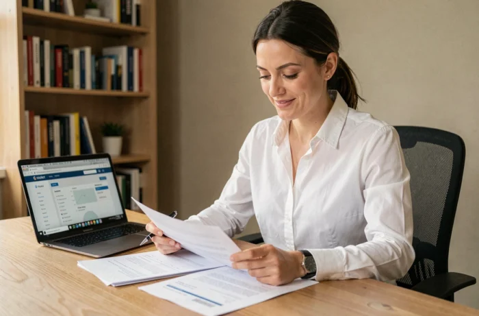 Femme consultant des documents de prêt immobilier dans un bureau à domicile moderne