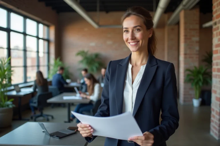 Femme entrepreneure en blazer marine travaillant dans un espace de coworking moderne avec vue sur la ville