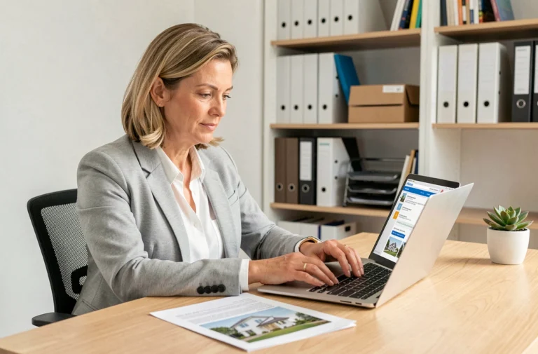 Femme consultant son espace client immobilier sur un ordinateur portable dans un bureau à domicile moderne