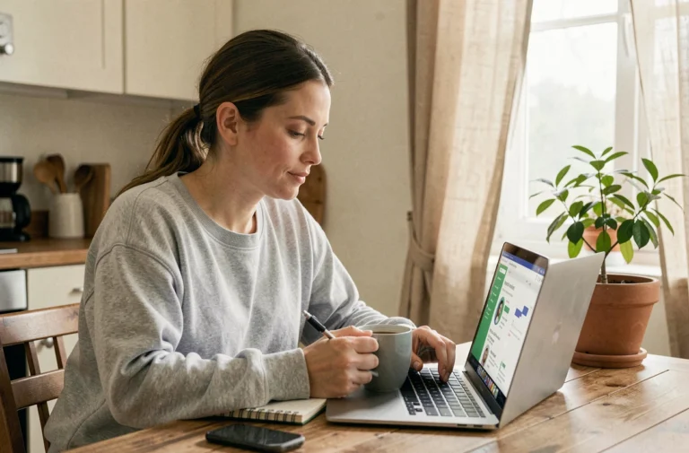 Femme adulte apprenant le digital en autonomie sur son ordinateur portable depuis sa cuisine, méthode de formation innovante sans reprendre les études