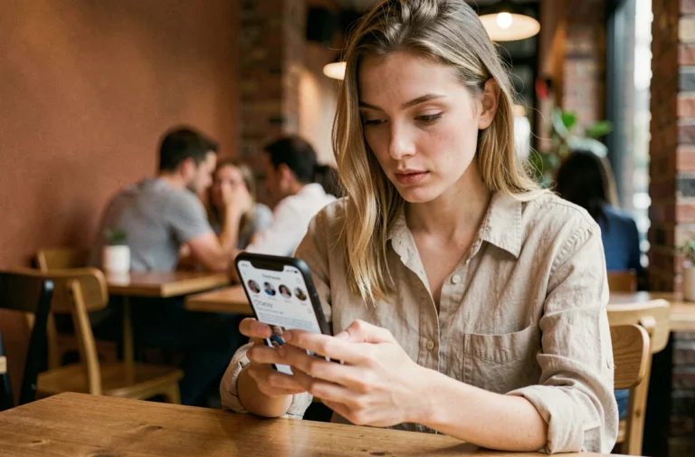 Jeune femme consultant ses invitations envoyées sur Instagram depuis son smartphone dans un café urbain