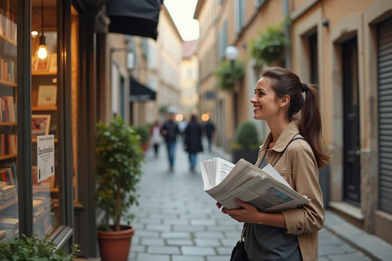 Femme lisant un journal local devant une librairie de quartier en ville