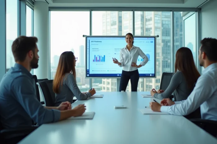 Jeune femme leader présentant une stratégie d'entreprise à son équipe dans une salle de réunion moderne