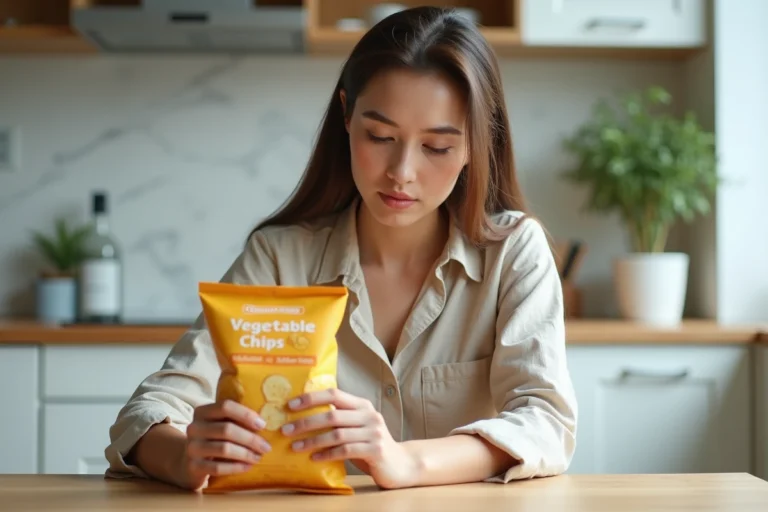 Femme lisant l'étiquette nutritionnelle d'un sachet de chips végétales dans une cuisine moderne