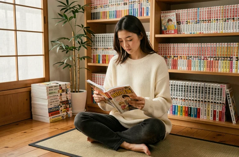 Jeune femme lisant un manga dans un coin lecture japonais avec des étagères remplies de mangas commençant par la lettre C