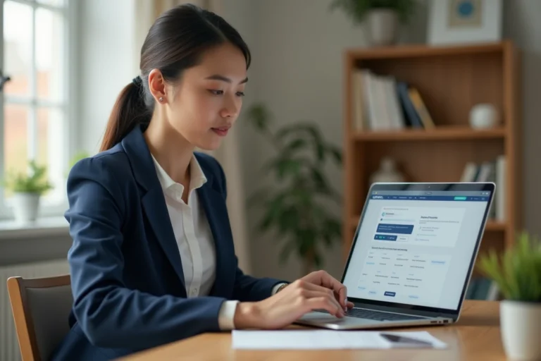 Femme consultant le plan du site 1 2 3 Go Emploi sur un ordinateur portable dans un bureau à domicile